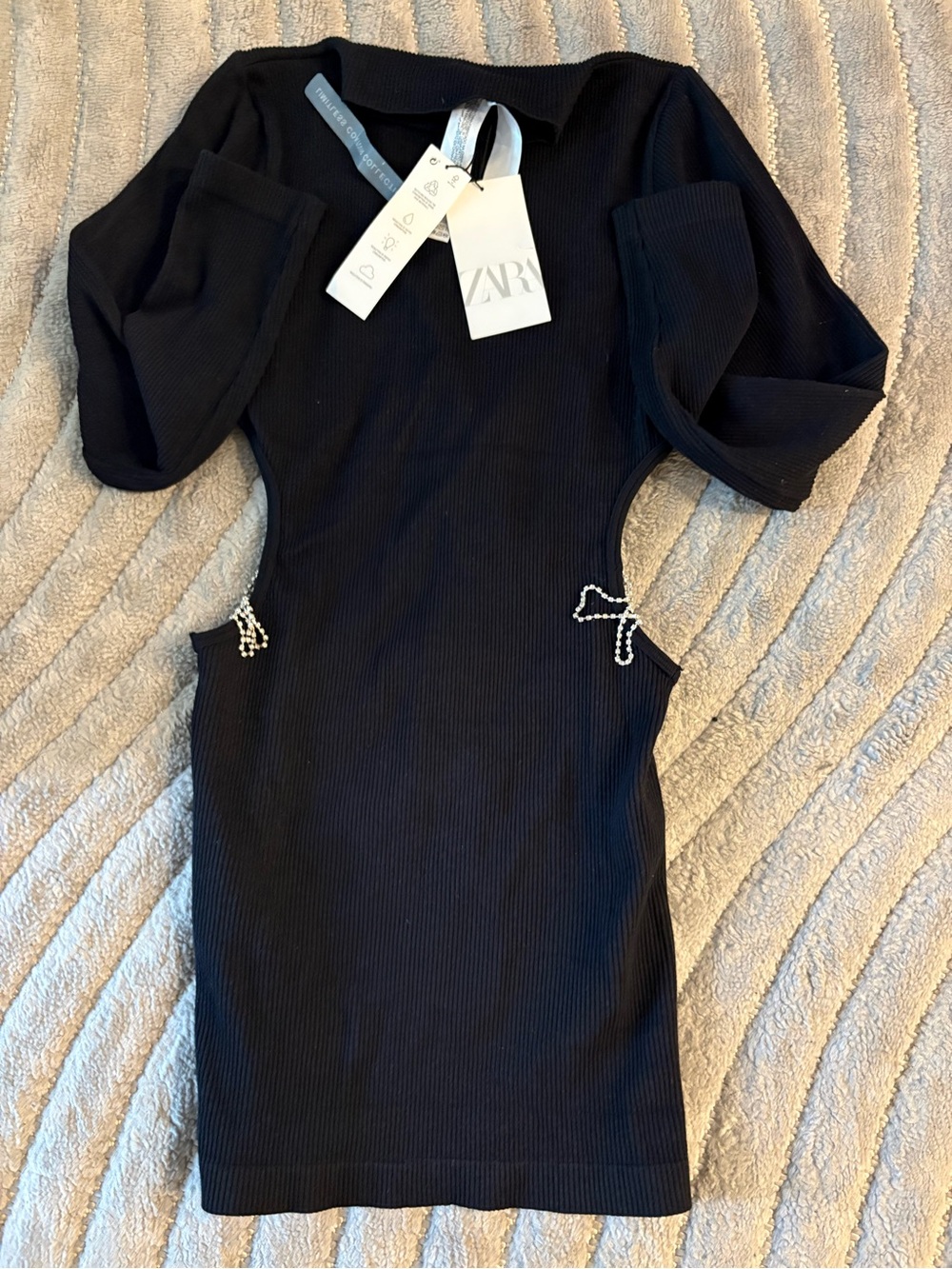 🖤Zara Ribbed Bodycon Cutout Mini Dress NWT Black Rhinestone Detail M/L - Picture 6 of 7